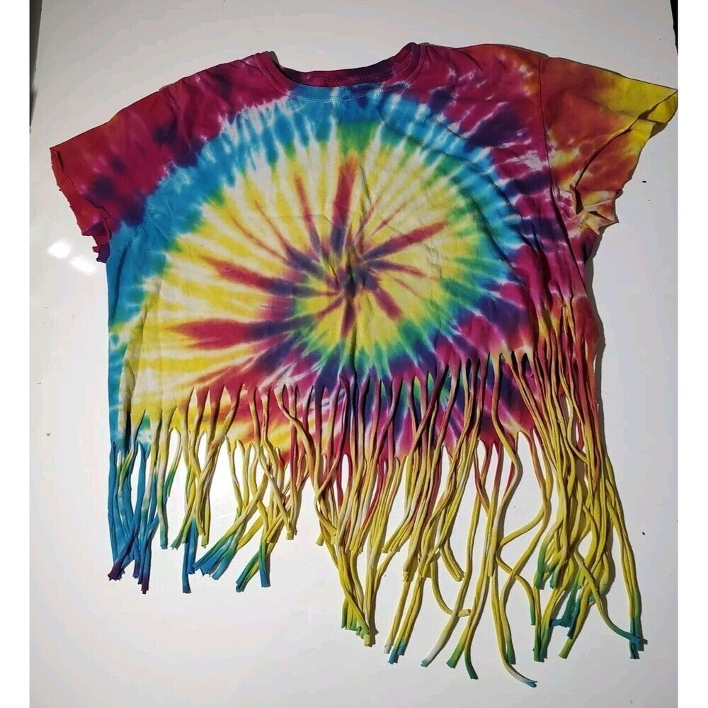 Tye Dye Tshirt bright Multi Color fringed tee shirt, hippie, Med Buzz Custom